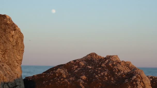Приморський місяць і скелі — стокове відео