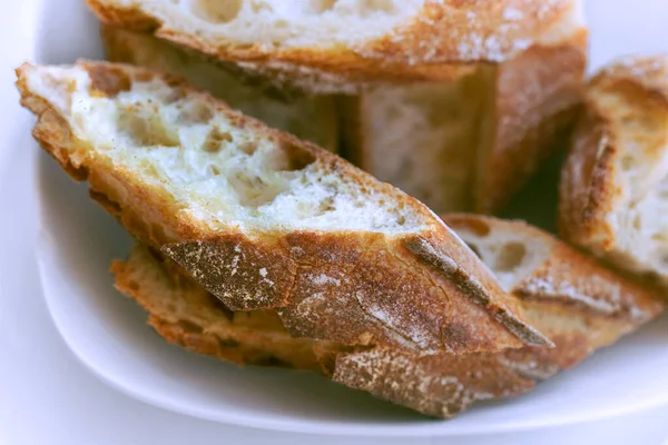 Close Pieces Bread White Plate — Stock Photo, Image