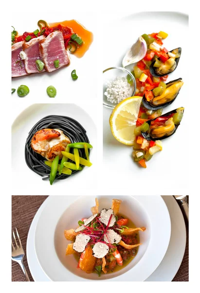 Collage Various Sea Food Dishes Plates — Stock Photo, Image