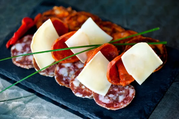 Various Sausages Cheese Slate Plate — Stock Photo, Image