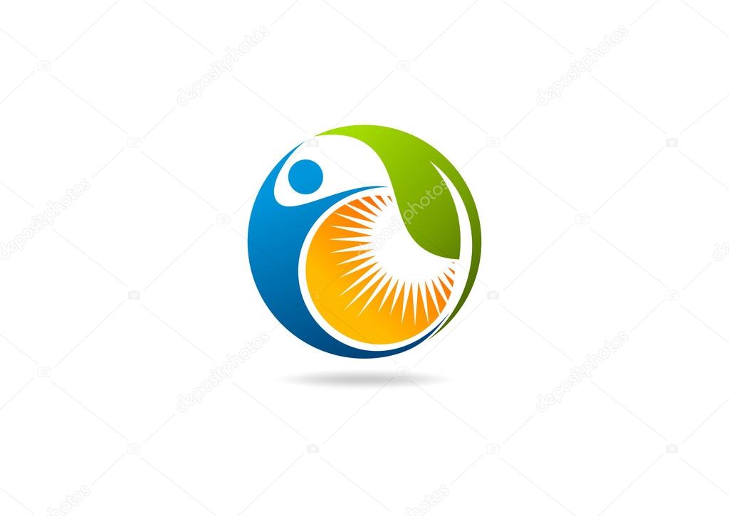 Fitness logo, natural leaf human sun icon
