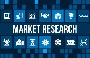 Pazar araştırması kavramı görüntüsüyle iş ikonları/simgeleri ve boşaltmak.