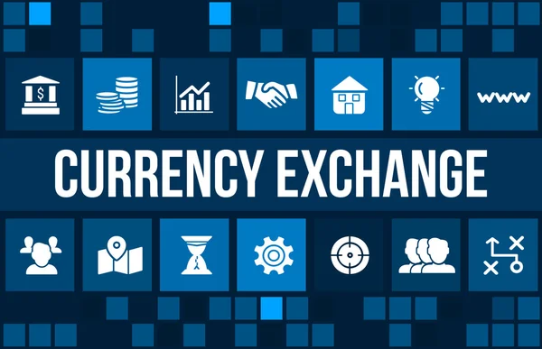 Imagen concepto de cambio de divisas con iconos de negocios y copyspace . — Foto de Stock