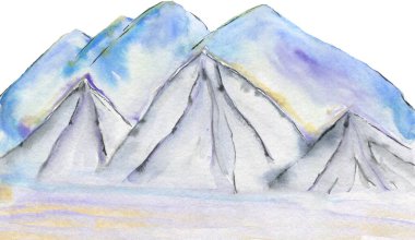 Dağlar, elle çizilmiş mürekkep ve suluboya resimler. Görüntü.