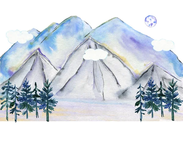 Berge Handgezeichnet Mit Tusche Und Aquarellen Skizzenstil Illustration — Stockfoto