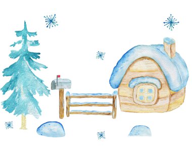 Suluboya kış manzarası. Noel ağacı, kar, sürüklenme, çit posta kutusu..