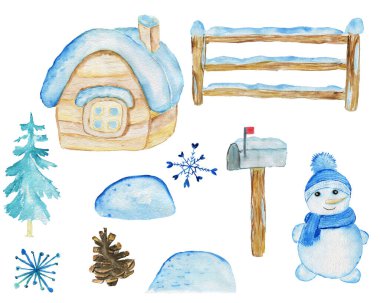 Suluboya kış manzarası. Noel ağacı, kar, sürüklenme, çit posta kutusu..