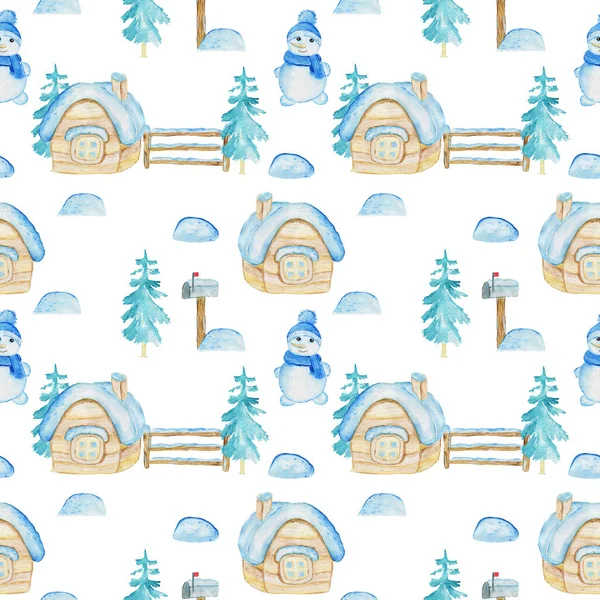 Seamless pattern Watercolor Christmas winter houses with windows and snow on the roof. Christmas tree, Snowman and snow drifts. Fabric, paper texture.