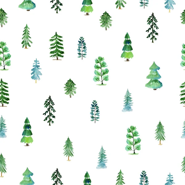 Beyaz arka planda Noel ağaçları olan suluboya tatil deseni. Yazdırma, paketleme kağıdı dokusu.