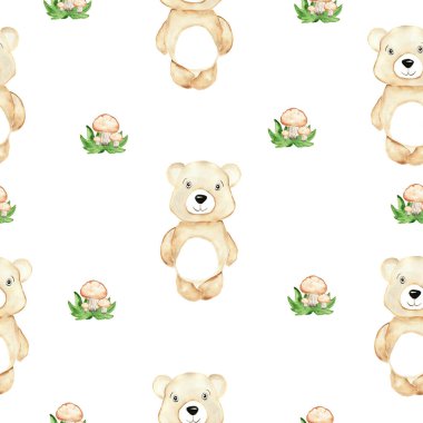 Tatlı ayılar ve mantarlarla suluboya desenli. Orman hayvanı.