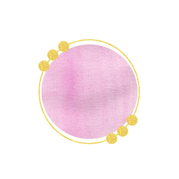 Watercolor pastels and circles, lines. Gold round contour frame. Illustration for greeting cards, logos. — Stock Photo, Image