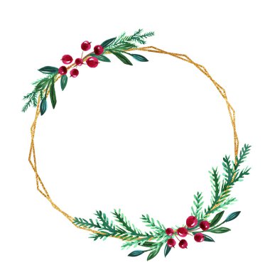 Çilekli suluboya Noel çelengi ve altın geometrik çerçeve