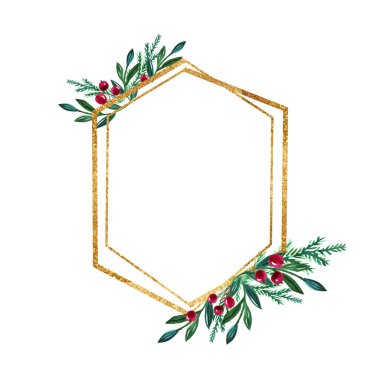 Çilekli suluboya Noel çelengi ve altın geometrik çerçeve