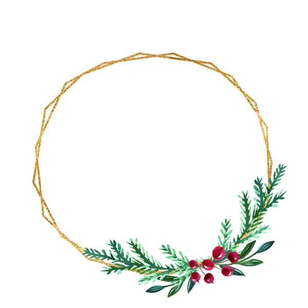 水彩画的冬季圣诞花环 上面有浆果和金色的几何框架 — 图库照片