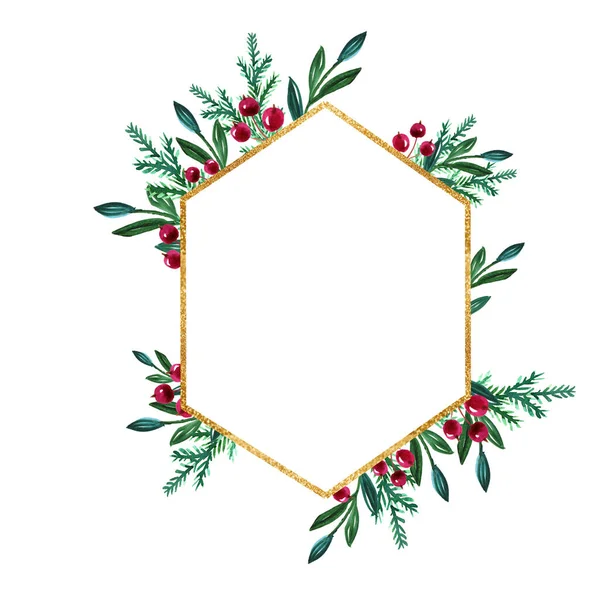 Çilekli Suluboya Noel Çelengi Altın Geometrik Çerçeve — Stok fotoğraf
