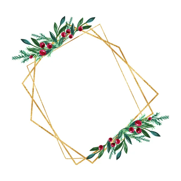 Akvarell Tél Karácsonyi Koszorú Bogyókkal Arany Geometrikus Keret — Stock Fotó