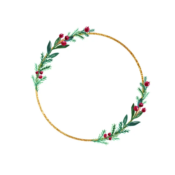 Coroa Natal Inverno Aquarela Com Bagas Moldura Geométrica Dourada — Fotografia de Stock