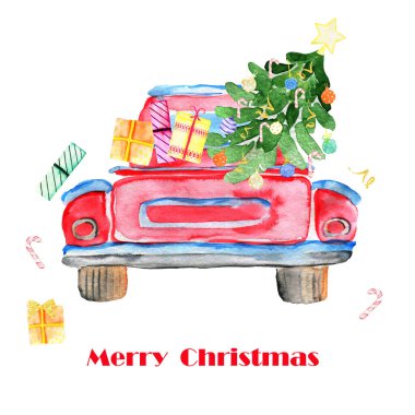 Mutlu noel kartpostalları. Kartpostal, poster ve tebrik kartı için araba illüstrasyonu. Suluboya ağaçları, hediyeler.