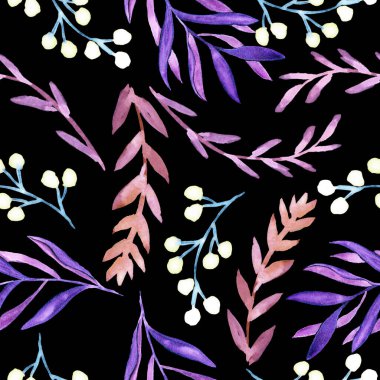 Kış elementleriyle suluboya kusursuz bir arka plan. Noel şablonu. Yeşil dallar, böğürtlenler. Paket kağıdı. Kumaşın dokusu..