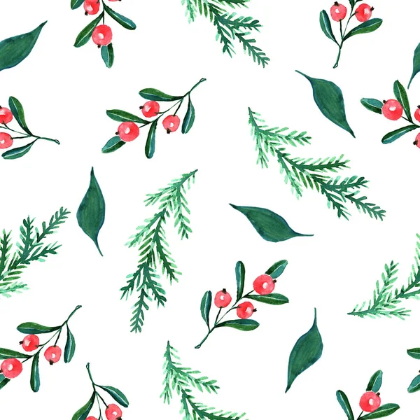 Akvarell zökkenőmentes háttér téli elemekkel. Karácsonyi minta. Elemek Zöld ágak, vörös bogyók. Csomagoló papír. A szövet textúrája. — Stock Fotó