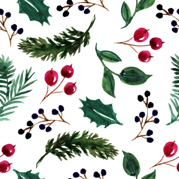 Watercolor seamless background with winter elements. Christmas Pattern. Elements Green twigs, red berries. Wrapping paper. The texture for the fabric. — Stock Photo, Image