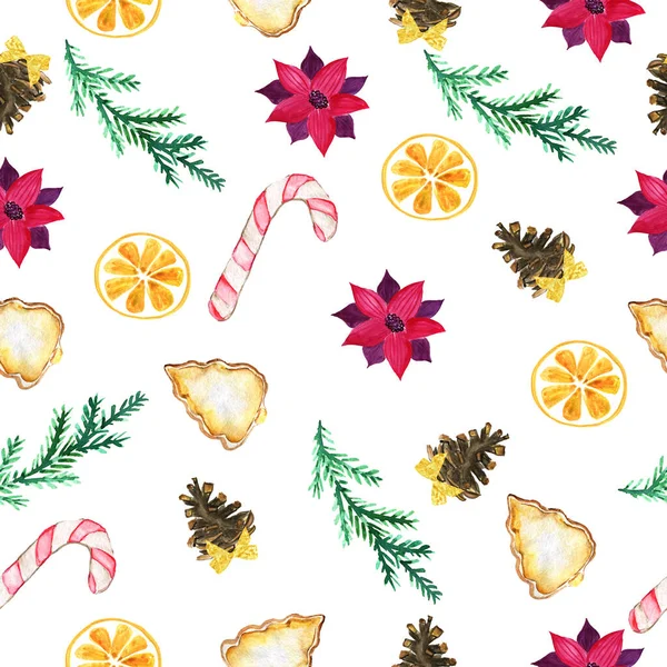 Boże Narodzenie bezszwowy wzór z piernika, suszone pomarańcze, szyszki sosnowe, czekoladki i kwiaty. Papierowy papier. Druk na tkaninie. — Zdjęcie stockowe