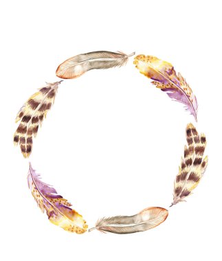 Tüylerin suluboya çelengi. Elle çizilmiş boho. Düğün kartı, davetiye, poster, ambalaj, duvar kağıdı, kumaş baskısı