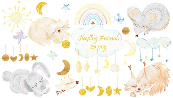 Watercolor mouse, Bunny, cat, squirrel. Clouds, rainbow, moon, stars. Sleeping animals. Forest dwellers. Children\'s Illustration.