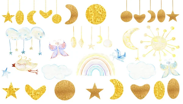 Watercolor Clouds Rainbow Moon Stars Sleeping Set Children Illustration — Stock fotografie