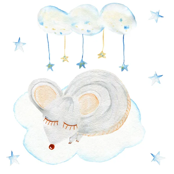 Watercolor Mouse Clouds Stars Sleeping Animals Forest Dwellers Children Illustration — Foto Stock