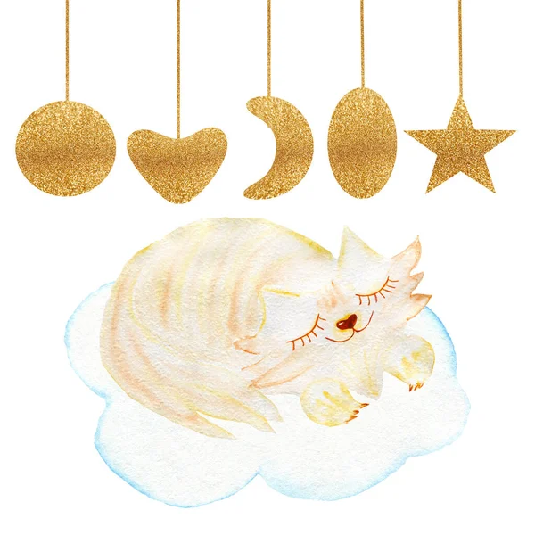 Watercolor Cat Clouds Stars Sleeping Animals Forest Dwellers Children Illustration — ストック写真