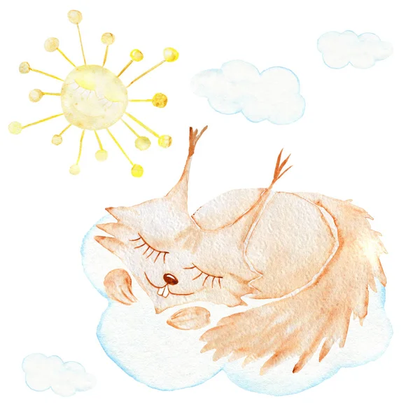 Watercolor Squirrel Sun Sleeping Animals Forest Dwellers Children Illustration — Foto Stock