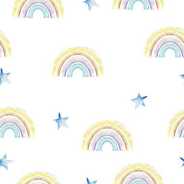 Tatlı suluboya gökkuşakları ve yıldızlarla kusursuz bir desen. Kumaş ve duvar kağıdı için mükemmel..