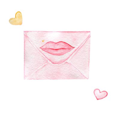 Sevgililer Günü için suluboya çizimi. Beyazda izole edilmiş. Zarf ve dudaklar..