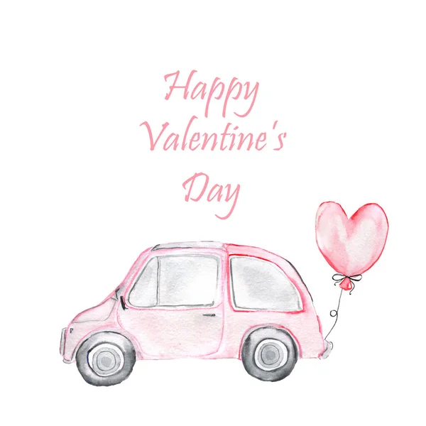 Vannfarger Valentines dagligdags illustrasjon av rosa retrobil med hjerteformet ballong. Isolert med hvitt. – stockfoto