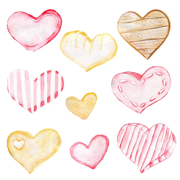 Akvarelové srdce kolekce na Valentýna. Izolováno na bílém. — Stock fotografie