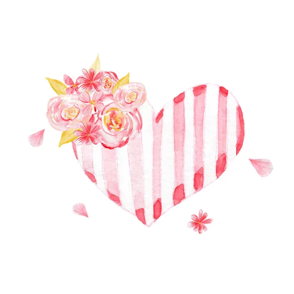 Akvarel ilustrace na Valentýna. Izolovaný na bílém. Srdce a kytici květin. — Stock fotografie