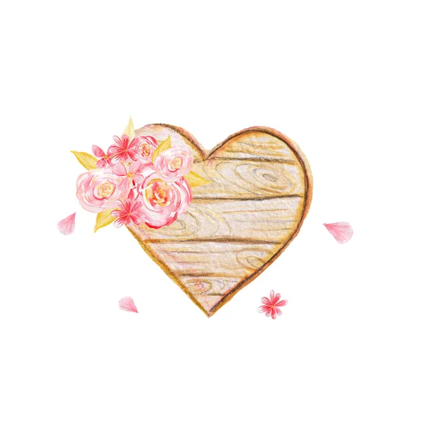 Aquarel illustratie voor Valentijnsdag. Geïsoleerd op wit. Een hart en een boeket bloemen. — Stockfoto