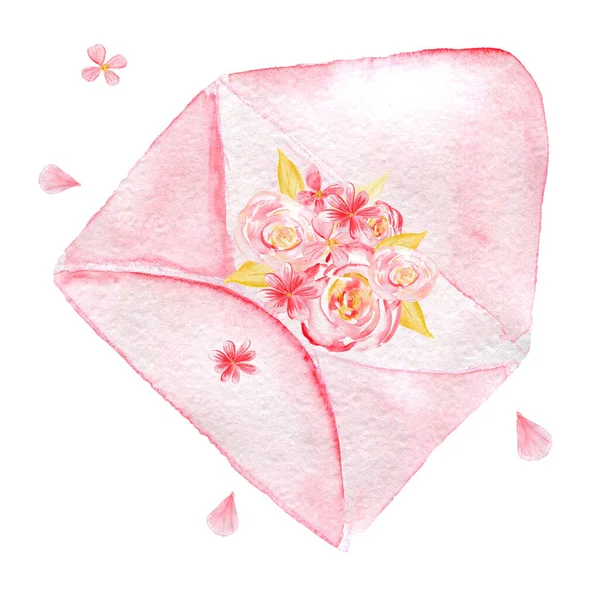 Aquarel illustratie voor Valentijnsdag. Geïsoleerd op wit. Een envelop en een boeket bloemen. — Stockfoto