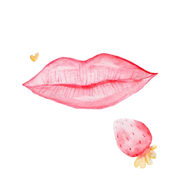 Illustrazione ad acquerello per San Valentino. Isolato su bianco. Labbra e fragole. — Foto Stock