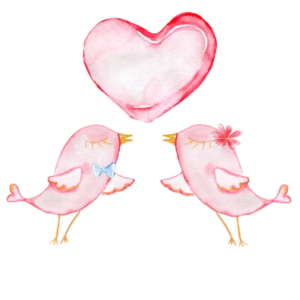Akvarel ilustrace na Valentýna. Ptáky a srdce. Izolováno na bílém. — Stock fotografie