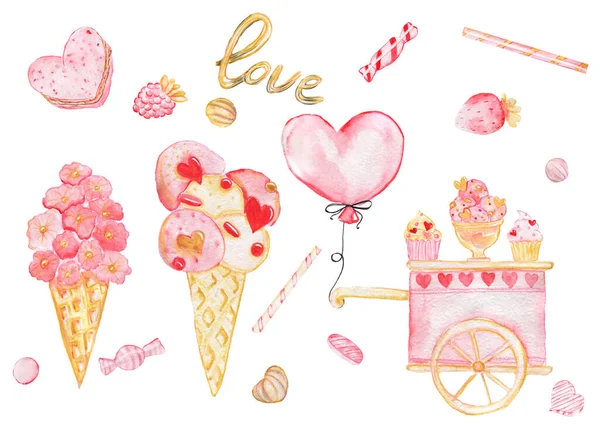 Akvarel ilustrace na Valentýna. Sada sladkostí, košíčků a zmrzliny ve vaflovacích kelímcích, balónech, cukrovinkách, zmrzlinovém vozíku. Izolováno na bílém. — Stock fotografie