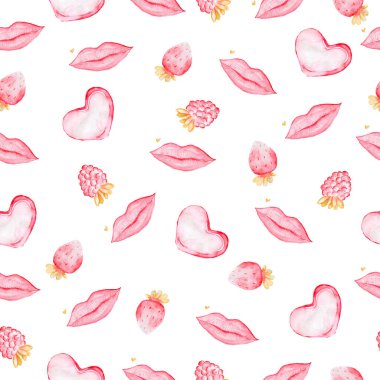 Kalpli suluboya desenli, dudaklı, ahududulu, çilekli. Sevgililer Günü için çizim. Beyazda izole edilmiş.