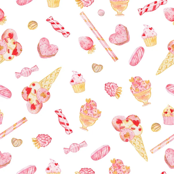 Watercolor pattern with sweets. Candy bars, ice cream. Illustration for Valentine's Day. Isolated on white.