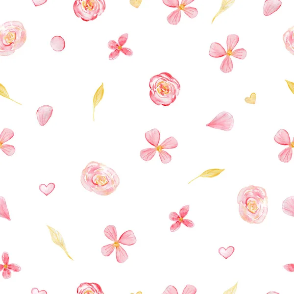 Aquarellmuster Mit Rosa Blüten Illustration Zum Valentinstag Isoliert Auf Weiß — Stockfoto