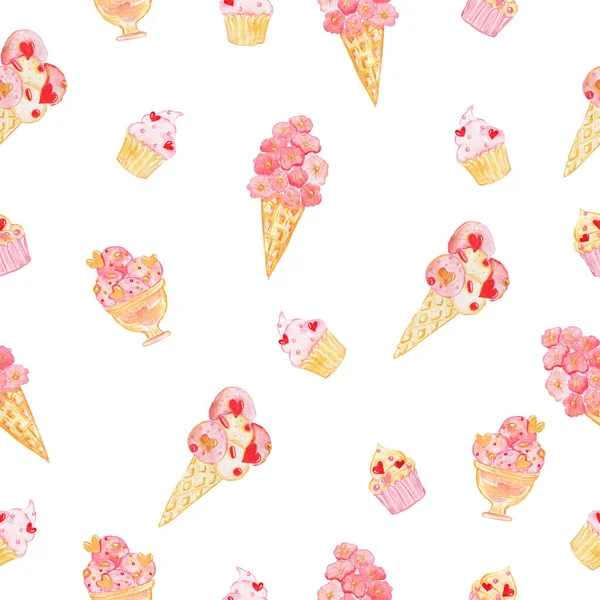 Watercolor pattern with ice cream. Illustration for Valentine\'s Day. Isolated on white.