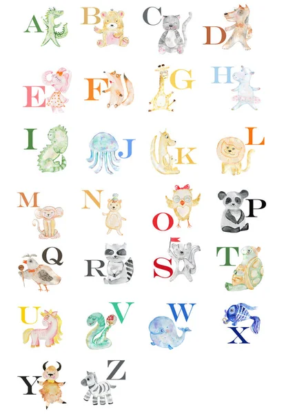 Englisches Alphabet Mit Aquarell Tieren Illustration Für Kinder — Stockfoto