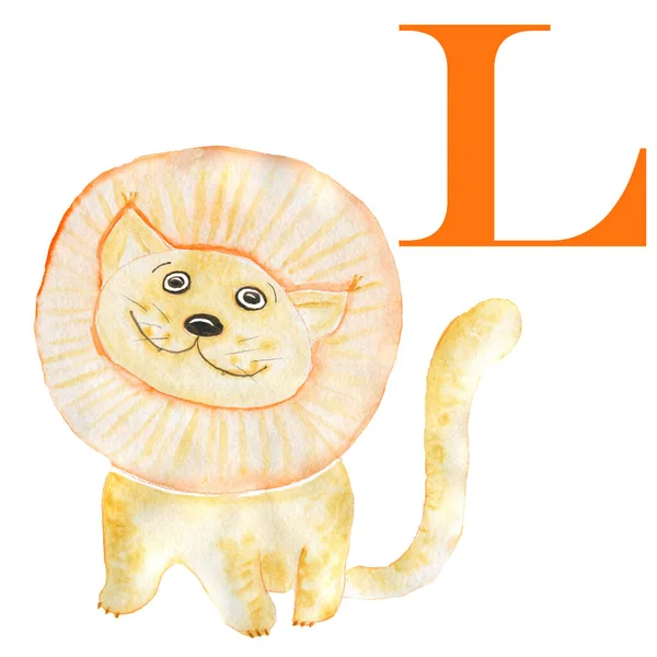 Leão Aquarela Alfabeto Inglês Com Animais Ilustração Infantil — Fotografia de Stock