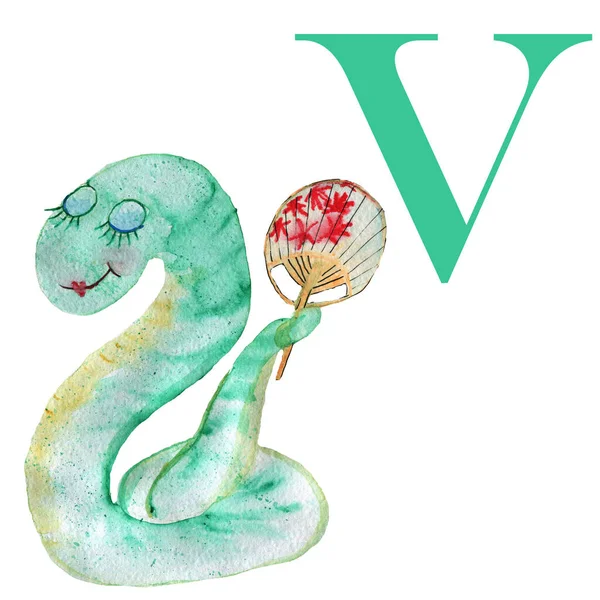 Aquarell Viper Englisches Alphabet Mit Tieren Illustration Für Kinder — Stockfoto