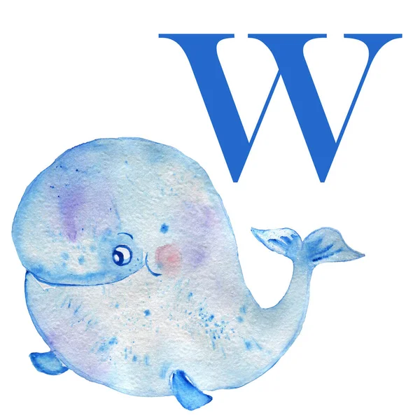 Balena Acquerello Alfabeto Inglese Con Animali Illustrazione Bambini — Foto Stock